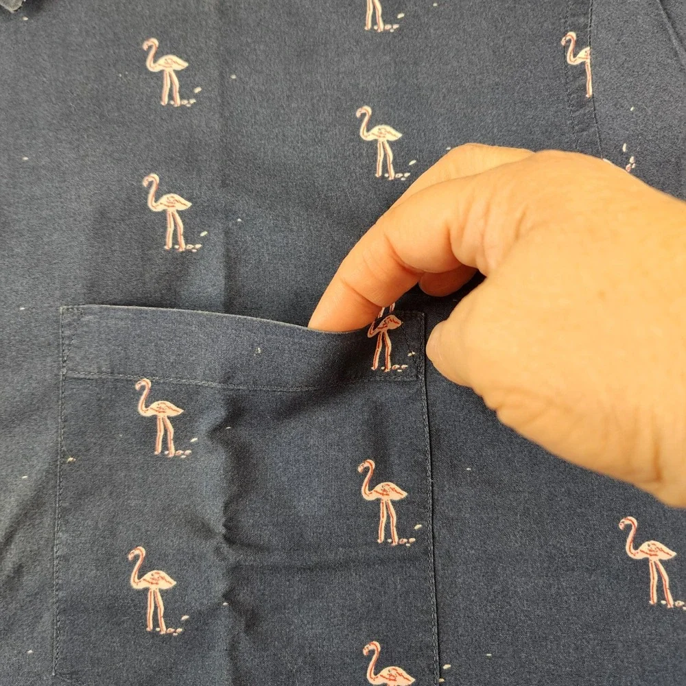 J.Crew Button Down Mens XL Navy Blue Flamingo Print Slim‎ Fit Short Sleeve Shirt